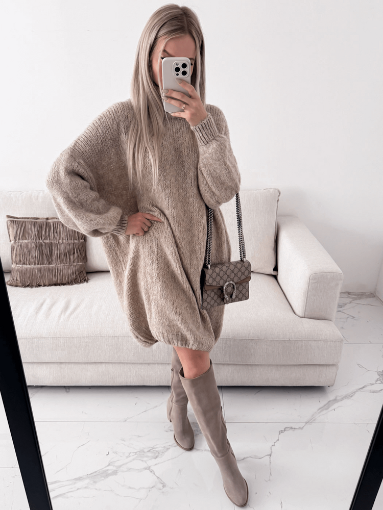 LEA LONG - DŁUGI SWETER OVERSIZE Z GOLFEM Z WEŁNĄ MOCCA