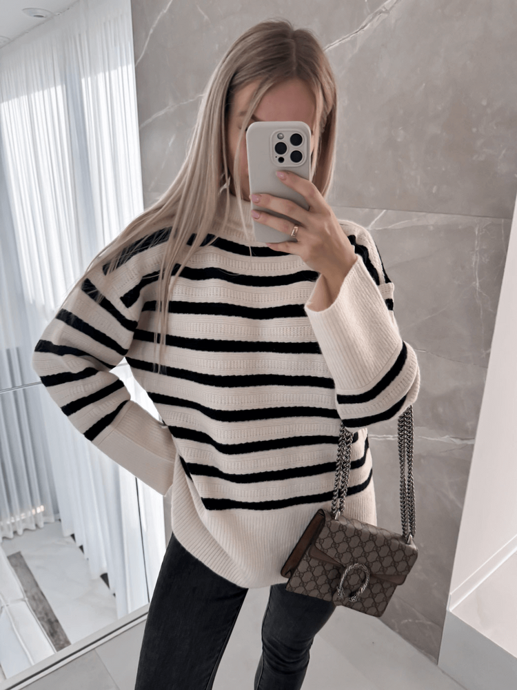 ESENS - SWETER OVERSIZE Z GOLFEM Z DOMIESZKĄ WEŁNY ECRU W PASKI