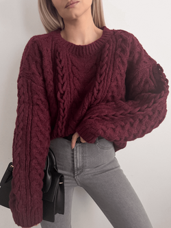 FOCUS - SWETER OVERSIZE Z WARKOCZOWYM SPLOTEM BORDO