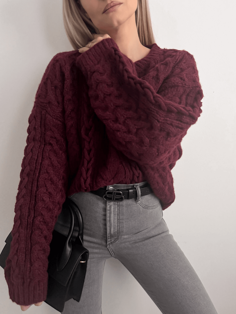 FOCUS - SWETER OVERSIZE Z WARKOCZOWYM SPLOTEM BORDO