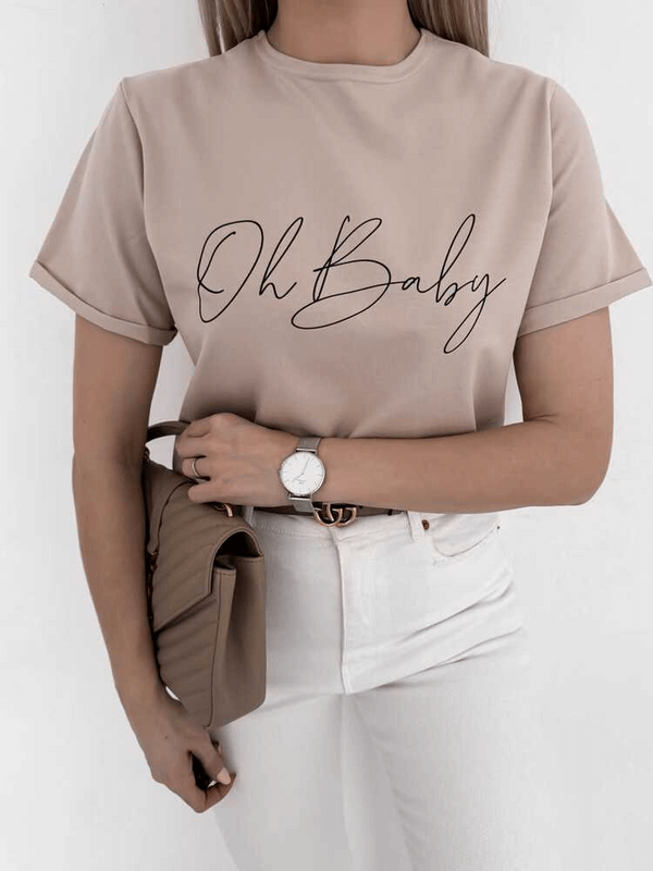 OH BABY - BAWEŁNIANY T-SHIRT BASIC Z NADRUKIEM BEŻ