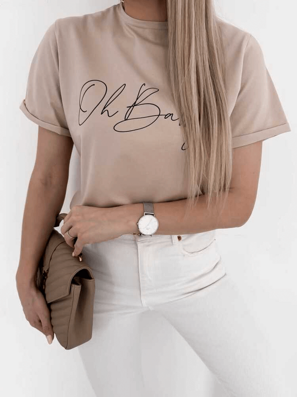 OH BABY - BAWEŁNIANY T-SHIRT BASIC Z NADRUKIEM BEŻ