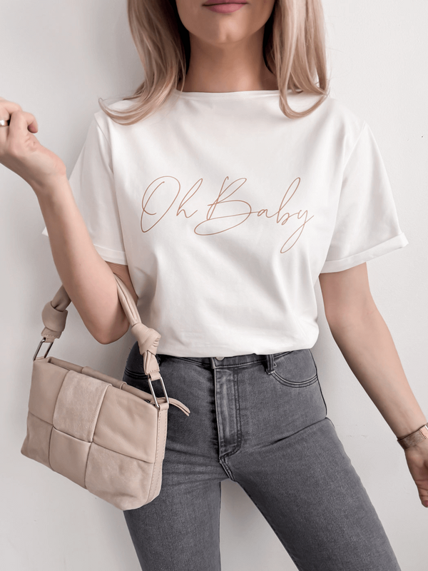 OH BABY - BAWEŁNIANY T-SHIRT BASIC Z NADRUKIEM ECRU