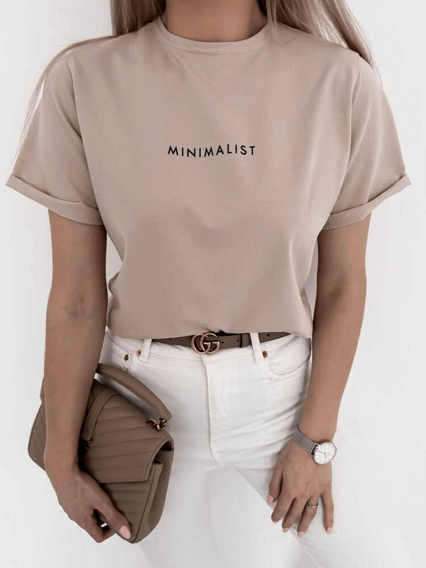 MINIMALIST - BAWEŁNIANY T-SHIRT BASIC Z NADRUKIEM BEŻOWY