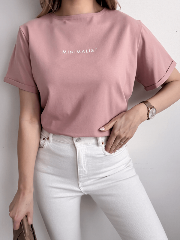 MINIMALIST - BAWEŁNIANY T-SHIRT BASIC Z NADRUKIEM BRUDNY RÓŻ