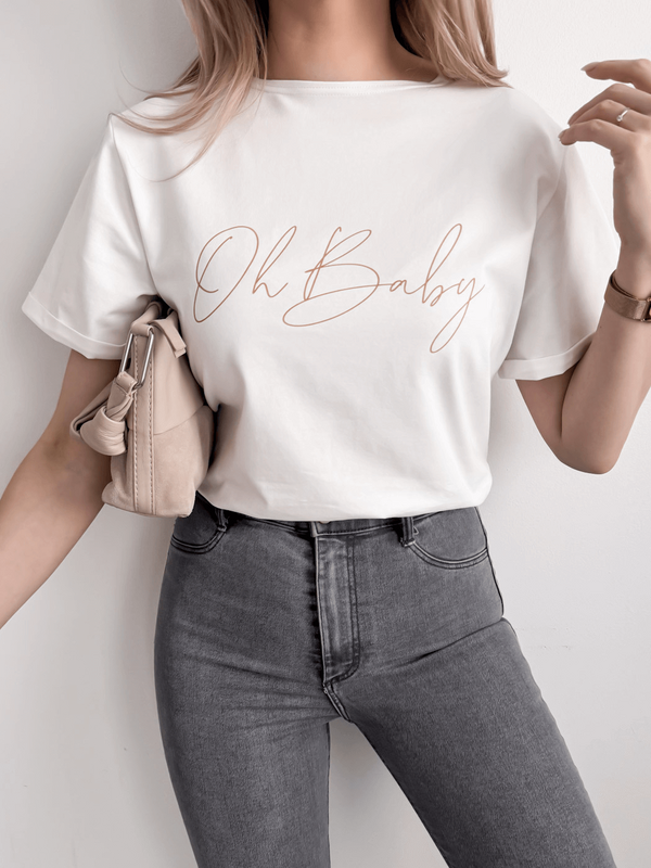 OH BABY - BAWEŁNIANY T-SHIRT BASIC Z NADRUKIEM ECRU