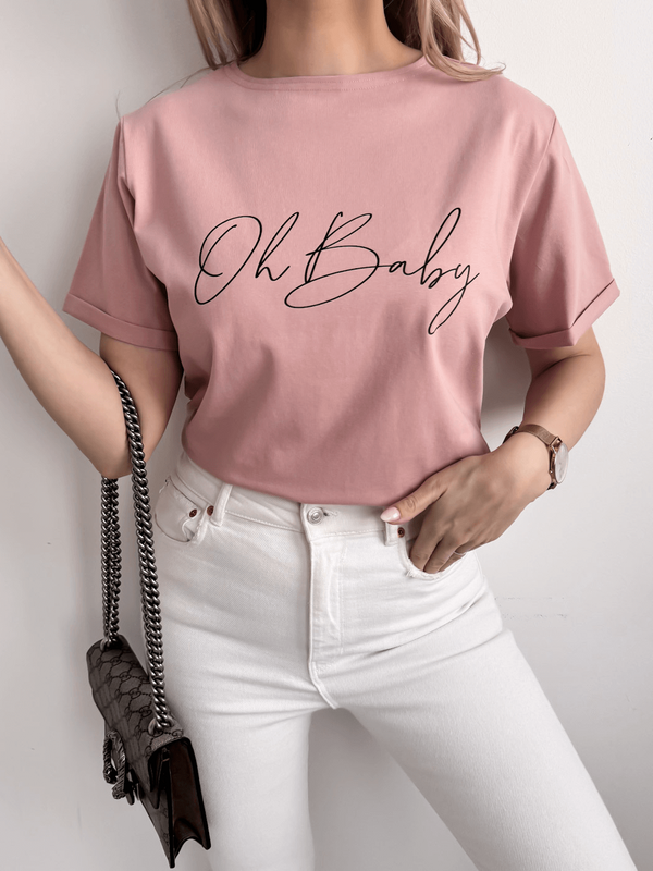 OH BABY - BAWEŁNIANY T-SHIRT BASIC Z NADRUKIEM BRUDNY RÓŻ