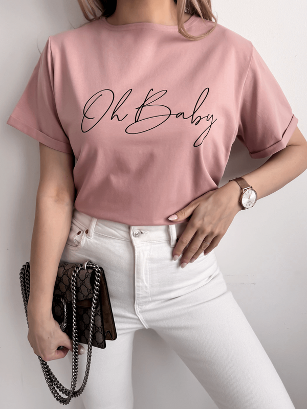 OH BABY - BAWEŁNIANY T-SHIRT BASIC Z NADRUKIEM BRUDNY RÓŻ